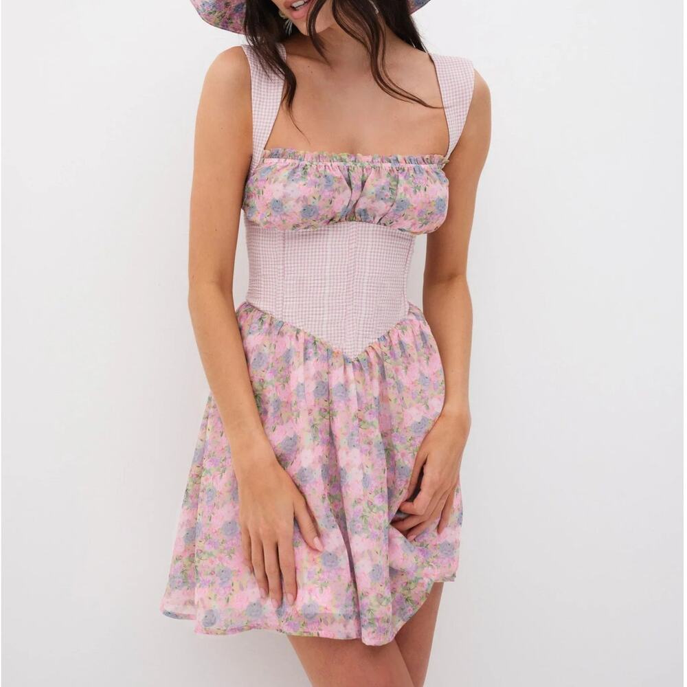 For Love & Lemons Brenna Mini Dress Cottagecore Coquette Milkmaid Romance Floral